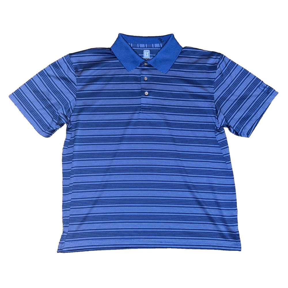 PGA Tour Blue w Black & Gray Stripes Polo Shirt Size L Large Men's Golf Preppy